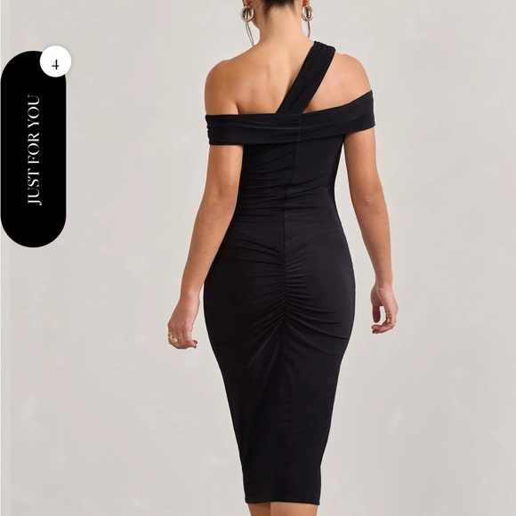 Chain Reaction | Black Strappy Asymmetric Bodycon Midi Dress - Picture 3 of 4